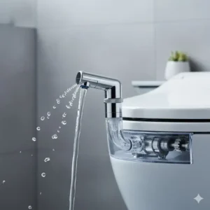 Detailed look at the self-cleaning, retractable nozzle of a modern cordless bidet for improved sanitation.
