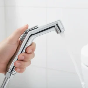 A hand holding and demonstrating the easy-to-use lever on the handheld bidet toilet faucet.