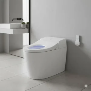 Graphic detailing the smart auto dual flush system of the VOVO Stylement (1.0/1.6 GPF) for water conservation.
