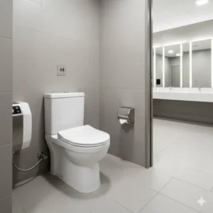 A clean, well-lit public restroom stall featuring a bidet for commercial toilet, promoting a premium user experience.