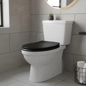 A lifestyle image of a modern bathroom featuring a stylish black matte curved toilet seat.