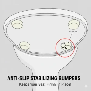 Detail shot highlighting the secure, non-slip rubber bumpers that keep the toilet seat for one piece toilet firmly in place on the rim.
