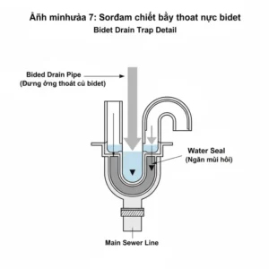 Detailed schematic of the P-trap (drain trap) used for bidet plumbing fixtures to prevent sewer gases from entering the bathroom.