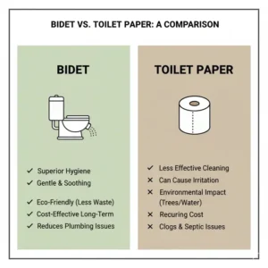 Simple graphic or chart illustrating the environmental and hygiene benefits of a bidet, a key reason to buy the best bidet seat 2024.