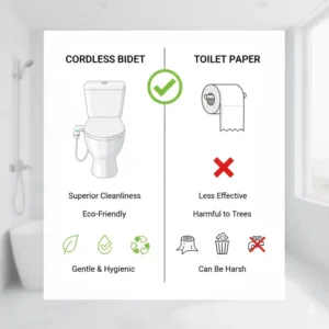 Chart or graphic comparing the eco-friendly benefits and superior cleanliness of a cordless bidet versus traditional toilet paper.