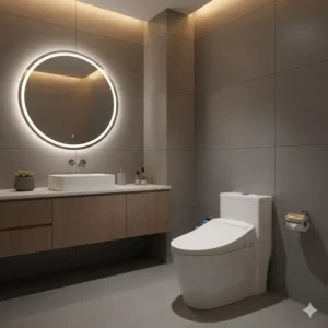 Modern bathroom environment in an office or hotel setting, featuring a sleek, integrated commercial bidet fixture.