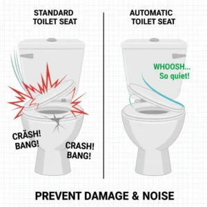 Visual representation of an automatic closing toilet seat preventing damage and loud noise compared to a standard slamming toilet seat.