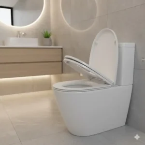8 (Illustration 7): A visual demonstration of the auto closing toilet seat slowly closing on its own, highlighting the automatic function.