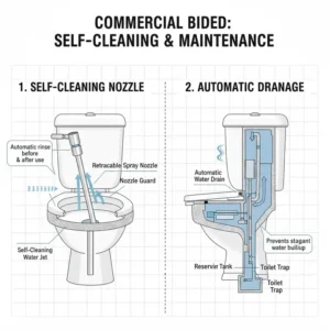A schematic showing the self-cleaning and automatic drainage functions of the bidet for commercial toilet nozzle, emphasizing ease of maintenance for staff.
