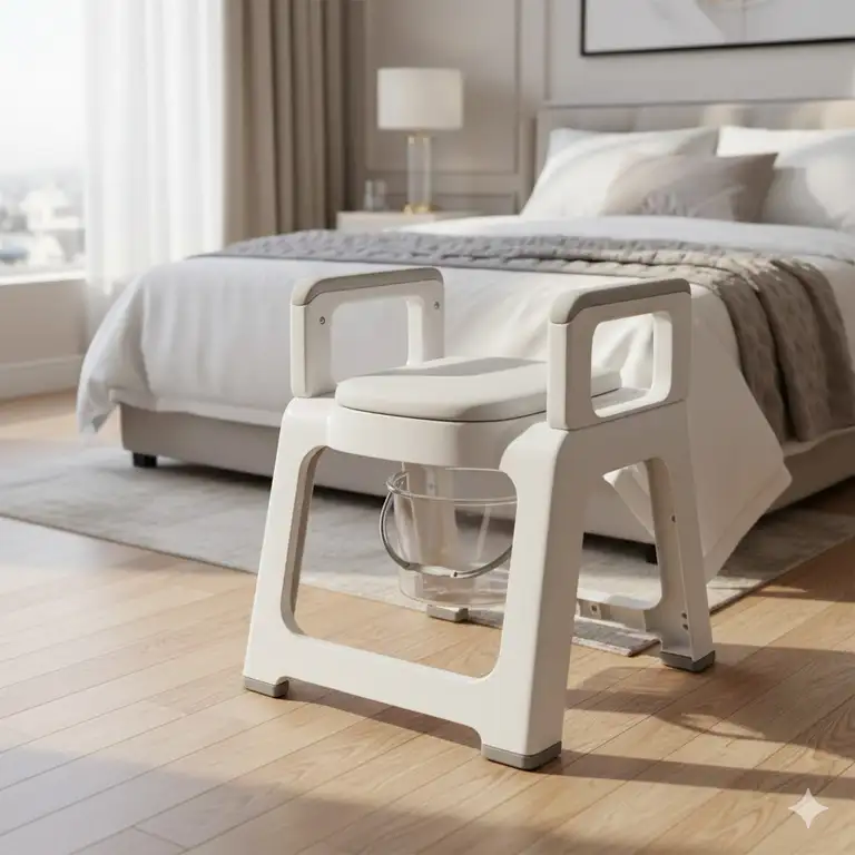 A professional bedroom setup featuring a modern portable toilet for elderly users for safety and convenience.