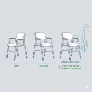 Detailed view of the adjustable leg height features on a portable toilet for seniors.