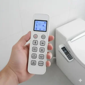 Close-up of the wireless remote control for the best toilet bidet combo, illustrating the intuitive buttons for temperature and washing modes.
