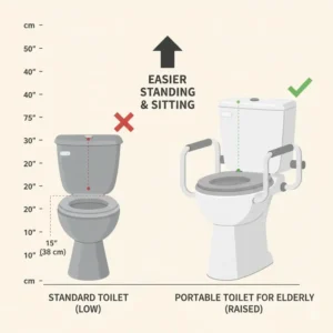 An infographic showing the ergonomic height adjustment of a portable toilet for elderly seniors.