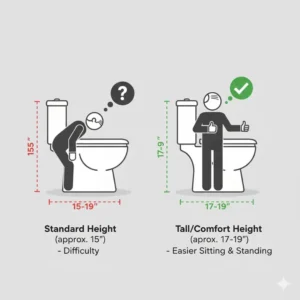 A side-by-side comparison chart showing the height advantage of tall toilets for elderly with bidet vs standard models.