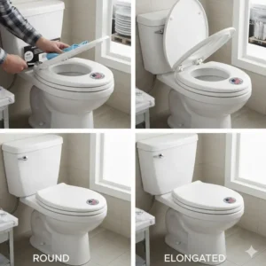 Close-up of a person easily installing a new heavy-duty toilet seats made in usa.