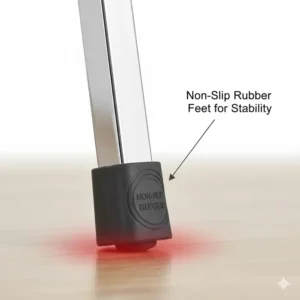 Close-up illustration of non-slip rubber feet on a portable commode for elderly safety and floor grip.