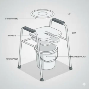 A detailed diagram showing the main components of a portable potty for elderly adults including the splash guard and removable bucket.