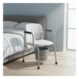 A medical-grade bedside toilet chair for disabled individuals with a removable waste bucket.