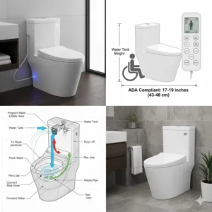 Close-up shot of the top-rated best ADA toilet with bidet model, highlighting the premium finish and sleek design.