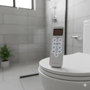 Close-up of a high-end bidet remote control, highlighting luxury features you can unlock with a bidet king promo code.