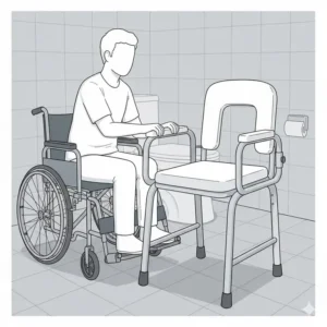 Detailed view of a drop-arm toilet chair for disabled seniors to facilitate side transfers.