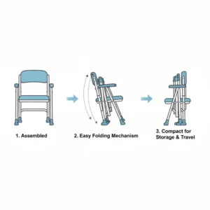 A diagram showing how a folding portable commode for elderly travel can be easily collapsed for storage.