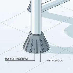 Close-up illustration of the non-slip rubber feet on a portable potty for elderly to prevent sliding on bathroom tiles.