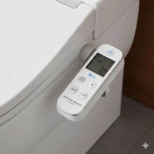 Close-up of the wireless remote control for the best toilet bidet combination, displaying temperature and pressure settings.