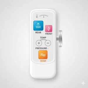 Close-up of an easy-to-use wireless remote control for tall toilets for elderly with bidet.