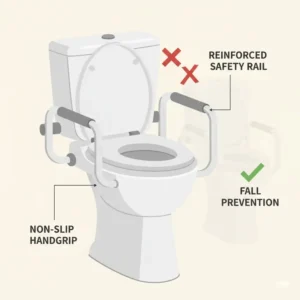 Close-up illustration of sturdy safety handrails on a portable toilet for elderly fall prevention.