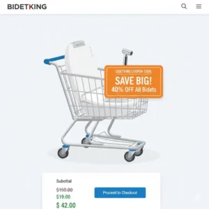 A digital illustration of an online shopping cart containing a modern bidet seat and a physical or digital bidetking coupon placed inside it.