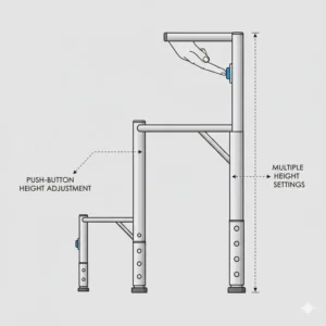 Illustration showing the easy-to-use height adjustment legs of a portable potty for elderly seniors.