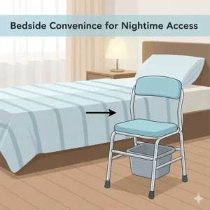 Illustration of a bedside portable commode for elderly patients placed next to a bed for easy nighttime access.