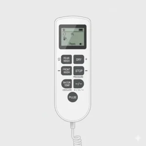 Image of the handheld or wall-mounted remote control for the best ADA toilet with bidet, showing temperature and pressure settings.