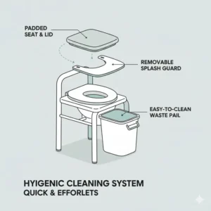The removable bucket and splash guard system of a modern portable toilet for seniors.