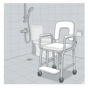 A waterproof rolling shower and toilet chair for disabled patients with safety locking wheels.