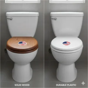 Comparison of the materials used in manufacturing: a solid wood and a durable plastic toilet seats made in usa.