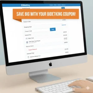 A close-up shot of a computer screen showing the checkout page where a customer is typing a promotional or bidetking coupon code into the designated field.