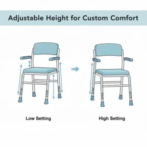 Illustration showing the adjustable leg height feature of a portable commode for elderly users of different heights.