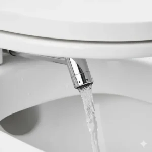 Detailed shot of the self-cleaning, stainless steel nozzle system in the best toilet bidet combo, highlighting its hygienic operation.