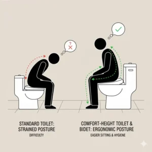 Illustration of the correct ergonomic seating posture on tall toilets for elderly with bidet.