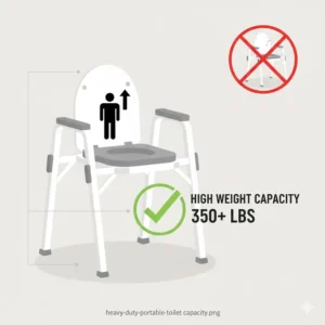 A diagram highlighting the reinforced frame and high weight capacity of this portable toilet for elderly adults.
