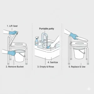 A step-by-step graphic showing the simple cleaning process of a portable potty for elderly home care.