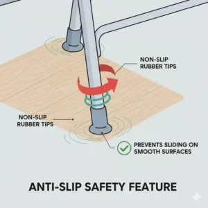 Anti-slip rubber feet on the legs of a portable toilet for seniors for safety on wet floors.
