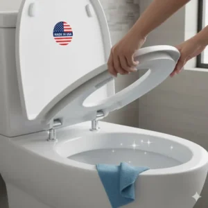 Quick-release hinge feature demonstrated for easy, thorough cleaning of the reliable toilet seats made in usa.