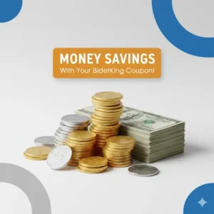 A graphic illustrating a neat pile of coins or dollar bills to visually represent the substantial money savings achieved by using a bidetking coupon.