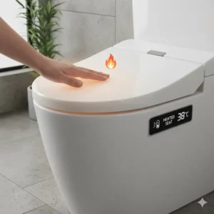 An image emphasizing the comfort features of the best toilet bidet combo, specifically the adjustable heated seat for cold mornings.
