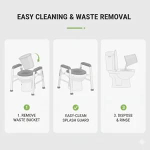 Detailed illustration showing the easy waste removal process for a portable toilet for elderly home care.