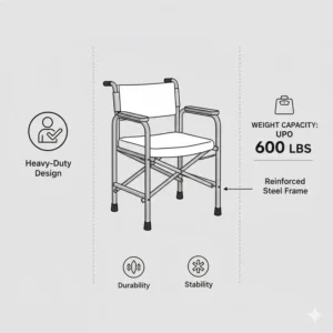Illustration depicting the high weight capacity and reinforced frame of a bariatric portable potty for elderly users.