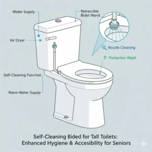 Technical view of the self-cleaning spray wand inside tall toilets for elderly with bidet.
